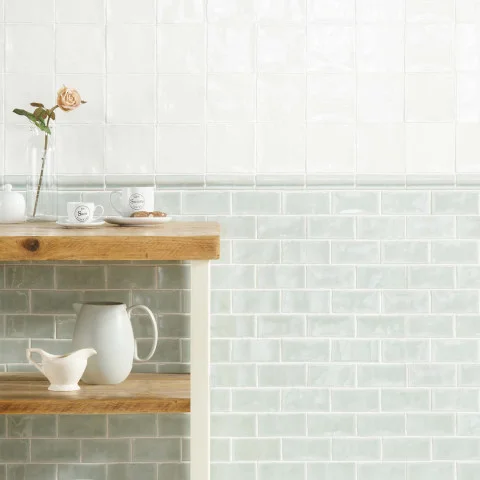 Papyrus Cosmopolitan Field Tile (above) Mint Cosmopolitan Rail Moulding (middle) Mint Cosmopolitan Half Tile (below)