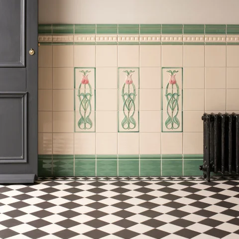 Jade Breeze Victoria Dado, County White Dentil Dado and Jade Breeze Astragal Dado (above) County White Field Tile and Angelina Pink Tulip (middle) Jade Breeze Skirting Tile (below)