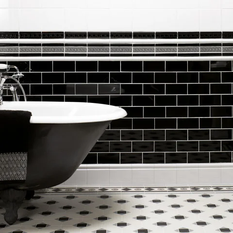 Jet Black Dentil Dado, Brilliant White Sigma and Jet Black Greek Key on Brilliant White (above) Jet Black Half Tile (middle) Brilliant White Skirting Tile (below)