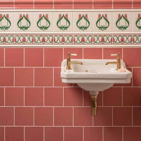 Duchy Pink Victoria Dado (above) Élysée on Vintage White, Élysée Border on Vintage White (middle) Duchy Pink Field Tile (below)