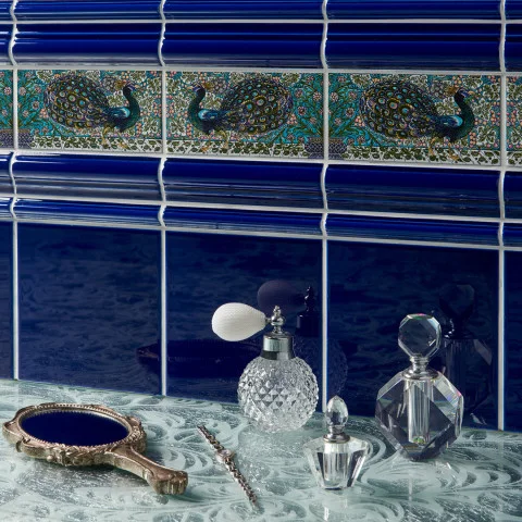 Royal Blue Astragal Dado, Royal Blue Albert Dado and De Morgan: Peacock Border Pair (above) Royal Blue Field Tile (below)