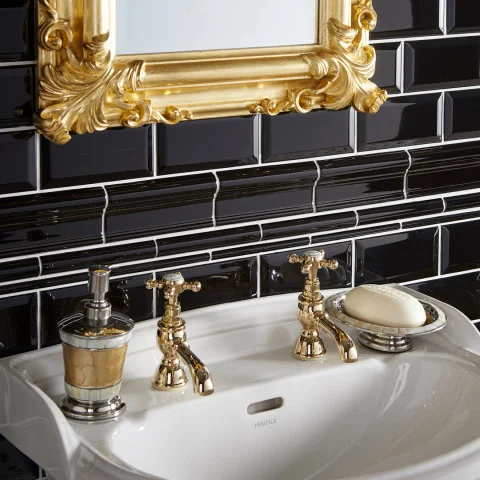 Jet Black Metro Tile (above) Jet Black Victoria Dado, Jet Black Sigma dado and Jet Black Omega Dado (middle) Jet Black Metro Tile (below)