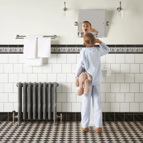 Jet Black Albert Dado, Jet Black Parthenon and Jet Black Omega (above) Brilliant White Field Tile (middle) Jet Black Skirting (below) and Harlequin Large Black on Chalk (floor)